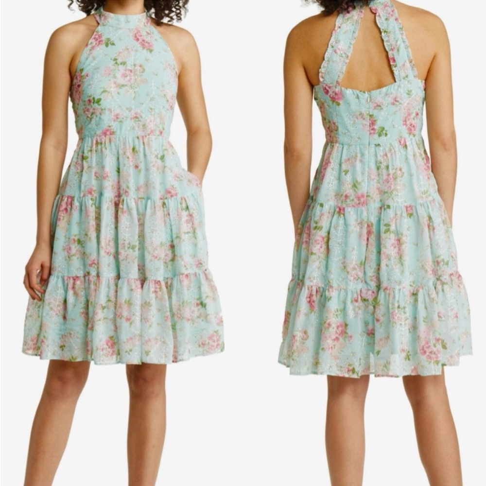 Eliza J Embroidered Floral Halter Neck Cut Out Back summer Dress Mint Size 14